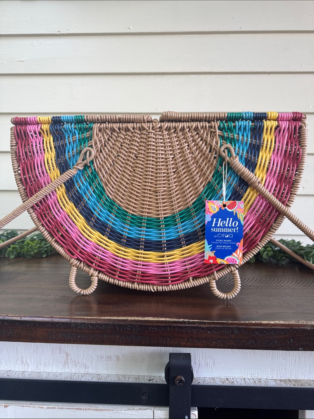 Hello Summer Colorful Half-Moon Wicker Picnic Tote NWT